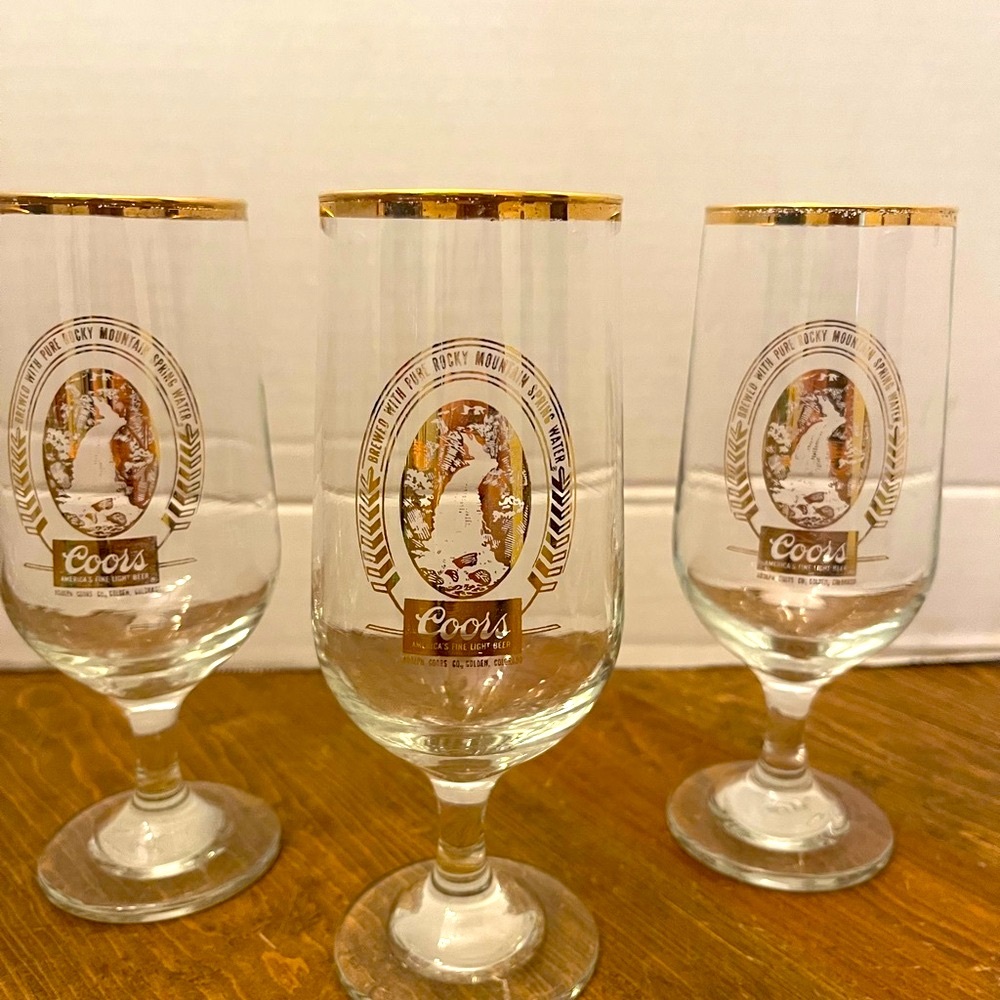 Vintage 1960s, Coors Beer Stemmed Gold Rimmed Pilsner Glasses Set of 6